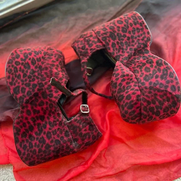 Vintage 90s Platforms-Red Leopard Velvet Morbid Threads Mary Janes 8.5 (*read) - Picture 13 of 16